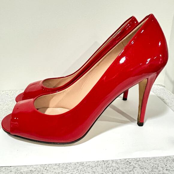 Stuart Weitzman 9.5M dressy shoes red patent open toe high stiletto heel pumps - Picture 3 of 8
